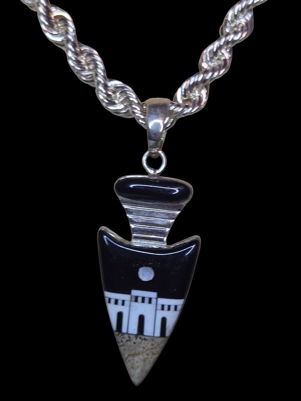 Sterling Silver Black and White Arrowhead Inlay Pendant - Southwest Style 925